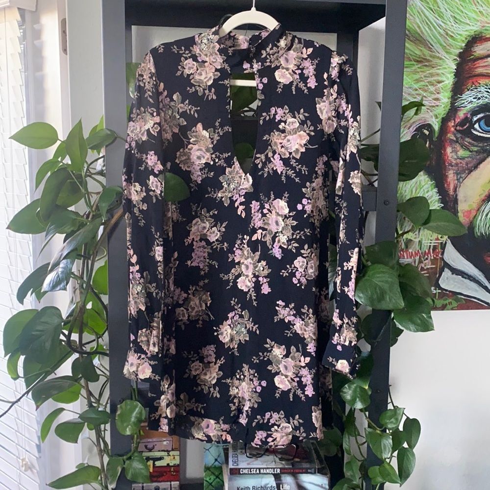 Black Ling Sleeve Beautiful Floral High Neck Dress